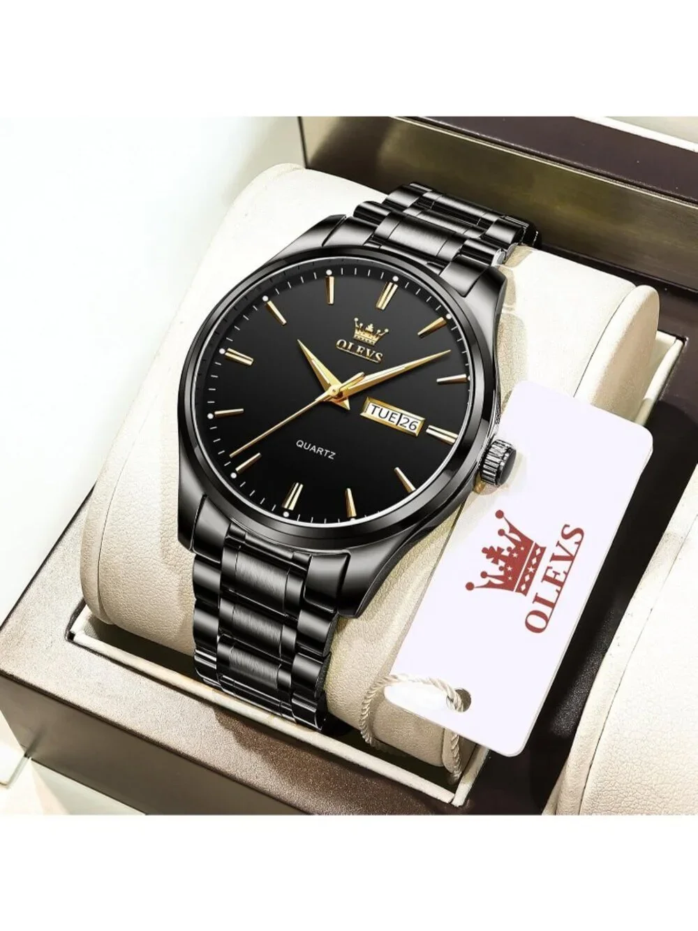 Olevs Men's Black Luxury Stainless Steel Big Face Analog Quartz Luminous Watch